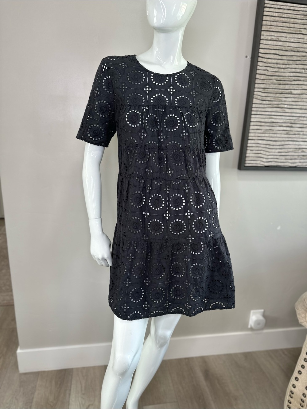 STAUD Hyacinth Embroidered Eyelet Babydoll Mini Dress Black Short Sleeve SIZE L